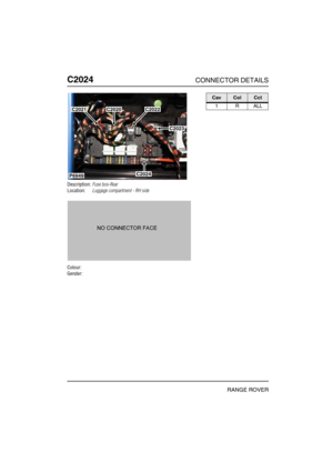 Page 455C2024CONNECTOR DETAILS
RANGE ROVER
C202 4
Description:Fuse box-Rear
Location:Luggage compartment - RH side
Colour:
Gender:
P6949
C2021C2022
C2023
C2020
C2024
CavColCct
1RALL 