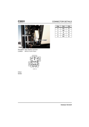 Page 461C2031CONNECTOR DETAILS
RANGE ROVER
C203 1
Description:Relay-Headlamp wash/wipe
Location:Behind LH side of fascia
Colour:
Gender:
C2031
C2030
C0867
P6944
CavColCct
2RS21
4NB21
5N21
6UB21
8BN21 