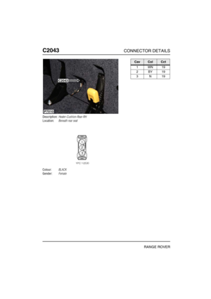 Page 473C2043CONNECTOR DETAILS
RANGE ROVER
C204 3
Description:Heater-Cushion-Rear-RH
Location:Beneath rear seat
Colour:BLACK
Gender:Female
C2043
P7010
CavColCct
1WN19
2BY19
3N19 