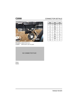 Page 481C2058CONNECTOR DETAILS
RANGE ROVER
C205 8
Description:Module-Drivers door
Location:Behind drivers door trim panel
Colour:
Gender:
P6890
C2271
C2017
C2186
C2058
C2060
CavColCct
1UR3
2SR3
3WB3
4UR3
6W3
7B3
8SR13
9NR3
11 NW 3
12 U 3 