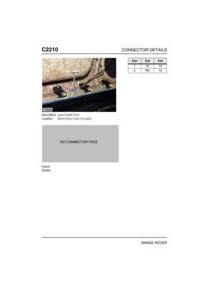 Page 489C2210CONNECTOR DETAILS
RANGE ROVER
C221 0
Description:Lamp-Puddle-Front
Location:Behind drivers door trim panel
Colour:
Gender:
P6888
C2210
CavColCct
1N12
2RU12 