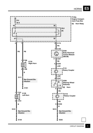 Page 122HORNSE5
1CIRCUIT DIAGRAM
30
F41
20 AP125a
Engine Compart-
ment Fuse Box
[9] Horn Relay
30 86
85 87RL9
[9]
1 C161
E154
2 C161
B
S101
K128
Left Horn PB
1 C196
E181
2 C196
B
S111
K134
Right Horn
See Ground Dis-
tribution
See Ground Dis-
tributionPB 5
76C174
PN
7 C120
Z238
Body Electrical
Control Module
(BECM)
17C257
PB
4 C235
LGRZ119
Rotary Coupler
4 C247
X269
Steering Wheel
Switches
[8] Horn
0[8]
6
C247
PB
PBZ119
Rotary Coupler
E252
S215
See Ground Dis-
tribution
5 C235
B LGR 