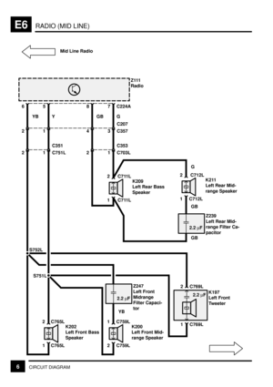 Page 128RADIO (MID LINE)E6
6CIRCUIT DIAGRAM
56
2YB Y
1Z111
Radio
2 1 C751LC351
78
4GB G
3 C357C207
21 C703LC353
1 C765L 2 C765L
K202
Left Front Bass
Speaker
1 C711L 2 C711L
K209
Left Rear Bass
Speaker
S751L S752L
1 C712L 2 C712L
K211
Left Rear Mid-
range Speaker
G
Z239
Left Rear Mid-
range Filter Ca-
pacitor
GB
GB
C224A
2 C759L 1 C759L
K200
Left Front Mid-
range Speaker
Z247
Left Front
Midrange
Filter Capaci-
tor
YB
1 C769L 2 C769L
K197
Left Front
Tweeter
2.2 mF
2.2 mF
2.2 mF
Mid Line Radio 