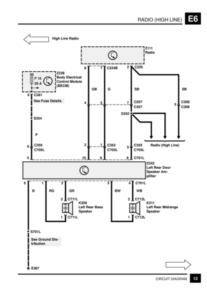 Page 135RADIO (HIGH LINE)E6
13CIRCUIT DIAGRAM
78Z111
Radio2
1 C711L 2 C711L
K209
Left Rear Bass
Speaker
1
Z245
Left Rear Door
Speaker Am-
plifier
24 C701L
B
1 C712L 2 C712L
K211
Left Rear Midrange
Speaker
36
RG GR WBBW
S701L
E367
See Ground Dis-
tribution
5
6
C705L C355
8
SB
C701L
10
GB
9
G
6 C361Z238
Body Electrical
Control Module
(BECM)
30
F 15
20 A
P
215
C705L C355
437
C357 C207
C226
S352
SB
5
C308 C208
Radio (High Line) C224B
S354
See Fuse Details
C703L C353
High Line Radio 