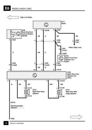 Page 136RADIO (HIGH LINE)E6
14CIRCUIT DIAGRAM
12Z111
Radio2
1 C711R 2 C711R
K210
Right Rear Bass
Speaker
1
Z246
Right Rear Door
Speaker Am-
plifier
24 C701R
B
1 2
K212
Right Rear Mid-
range Speaker
36
RG GR WBBW
S701R
E328
See Ground Dis-
tribution
8
6
C705R C305
8
SB
C701R
10
UB
9
U
4 C323Z238
Body Electrical
Control Module
(BECM)
30
F 15
20 A
P
215
C705R C305
435
C308 C208
C226
SB
7
C357 C207
Radio (High Line) C224B
C703R C303
C768R
6
C751R C301
UB U
5
Z242
Right Front Door
Speaker Am-
plifier
GB G
High Line...