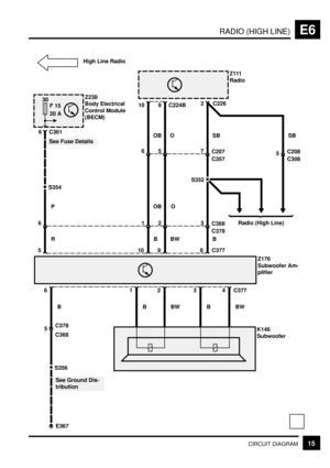 Page 137RADIO (HIGH LINE)E6
15CIRCUIT DIAGRAM
910Z111
Radio2
Z176
Subwoofer Am-
plifier
B 6
S356
E367
See Ground Dis-
tribution
58
SB
C377
10
OB
9
O6 C361Z238
Body Electrical
Control Module
(BECM)
30
F 15
20 A
P
123
C378 C368
657
C357 C207
C226
S352
SB
5
C308 C208
Radio (High Line) C224B
S354
See Fuse Details
6
R B BW BOB O
5
C368 C378
B 1BW 2B 3BW 4 C377
K146
Subwoofer
High Line Radio 