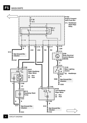 Page 158WASH/WIPEF5
4CIRCUIT DIAGRAM
15
F 38
10 A
RL11
[11]
2 31 5
5 C176
4
5412 C172
P125a
Engine Compart-
ment Fuse Box
[11] Headlamps
Wash/Wipe
Relay
LGR
NU LGU LGU B
S101
E154
See Ground Dis-
tribution
S111
E181
See Ground Dis-
tribution
4
NU6C113
M
1 C191
2 C191
M
[1] [2]
4 C160
1 C160
M
[1] [2]
3 C190
2
LG
B
4
B
B
2
1 C190
S114
E167
See Ground Dis-
tributionZ238
Body Electrical
Control Module
(BECM)
M110
Headlamp Wash
PumpC175 C177
M157
Right Headlamp
Wiper Motor
[1] Run
[2] Park
M156
Left Headlamp
Wiper...