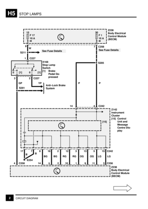 Page 176STOP LAMPSH5
2CIRCUIT DIAGRAM
Z238
Body Electrical
Control Module
(BECM)
S205
4 C242 14
Z142
Instrument
Cluster
[15] Control
Unit and
Message
Centre Dis-
play
[15]
BG 818
BG
145
RG 212
RG
210
OG 313
OG
19
LG 515
LG
11
B7
B
Z238
Body Electrical
Control Module
(BECM)
E254
PP7 C258
C242
C256 3
4 C25817
W 9
X168
Stop Lamp
Switch
[1] Brake
Pedal De-
pressed
S201
1 C227
00[1] [1]
2 C227
YP
GP
3
Anti±Lock Brake
System
S211
15
F 17
10 A30
F 1
10 A
See Fuse DetailsSee Fuse Details 