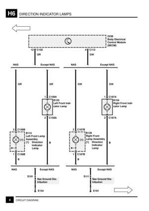 Page 181DIRECTION INDICATOR LAMPSH6
4CIRCUIT DIAGRAM
E154 12 C120Z238
Body Electrical
Control Module
(BECM)
GR
B115
Left Front Lamp
Assembly
[1] Direction
Indicator
Lamp
1 C158B
2 C158B
[1]
BGR
B153
Left Front Indi-
cator Lamp
2 C158A
1 C158A
BGR
NAS Except NAS
S111
E181 4C113
GW
B128
Right Front
Lamp Assembly
[1] Direction
Indicator
Lamp
1 C187B
2 C187B
[1]
BGW
B154
Right Front Indi-
cator Lamp
2 C187A
1 C187A
BGW
NAS Except NAS
NAS Except NAS NAS Except NAS
S101
See Ground Dis-
tributionSee Ground Dis-
tribution 