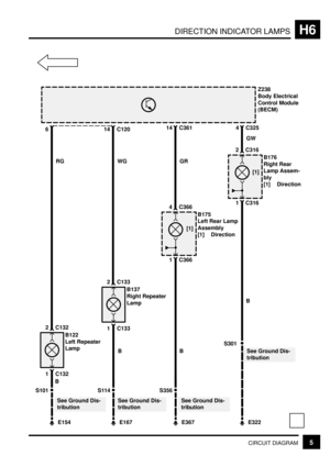 Page 182DIRECTION INDICATOR LAMPSH6
5CIRCUIT DIAGRAM
S101
E154 6Z238
Body Electrical
Control Module
(BECM)
B122
Left Repeater
Lamp
1 C132
2 C132RG
S301
E322 4 C325
GW
B176
Right Rear
Lamp Assem-
bly
[1] Direction
1 C316
2 C316
[1]
B
14 C361
GR
B175
Left Rear Lamp
Assembly
[1] Direction
1 C366
4 C366
[1]
B
S356
E367
S114
E167 14 C120
B137
Right Repeater
Lamp
1 C133
2 C133WG
B
B
See Ground Dis-
tributionSee Ground Dis-
tributionSee Ground Dis-
tribution
See Ground Dis-
tribution 