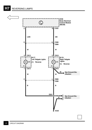 Page 186REVERSING LAMPSH7
4CIRCUIT DIAGRAM
2
Z238
Body Electrical
Control Module
(BECM)
9C325
GN
S301
65 C306
E322 C806
See Ground Dis-
tribution
LGN
W W
[1]
B177
Left Tailgate Lights
[1] Reverse 4 C813
1 C813
[1]
B178
Right Tailgate
Lights
[1] Reverse 2 C816
1 C816
21C806
C306W W
B B
B
WSee Ground Dis-
tribution 