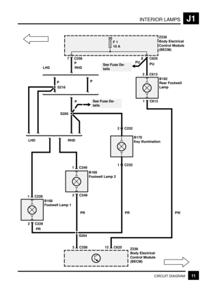 Page 201INTERIOR LAMPSJ1
11CIRCUIT DIAGRAM
2 C229
1 C229
B168
Footwell Lamp 1S205
1 C232
3 C258
Z238
Body Electrical
Control Module
(BECM)12 C625
2 C249
1 C249
B169
Footwell Lamp 2
B170
Key Illumination
2 C232
30
10 A
7 C258
S216
P
LHD RHD
PP
P
LHD RHD
8 C625Z238
Body Electrical
Control Module
(BECM)
See Fuse De-
tails
See Fuse De-
tails1 C613
2 C613
B182
Rear Footwell
Lamp PU F 1
PRPR PR PW
S204
PU 