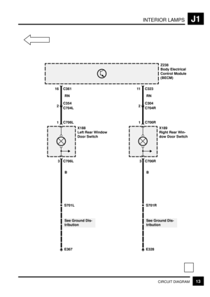 Page 203INTERIOR LAMPSJ1
13CIRCUIT DIAGRAM
Z238
Body Electrical
Control Module
(BECM)
RN
16
2
E367
C361
C704L C354
1
3
S701L
C706L
X188
Left Rear Window
Door Switch
C706L
B
See Ground Dis-
tribution
RN
11
2
E328
C323
C704R C304
1
3
S701R
C706R
X189
Right Rear Win-
dow Door Switch
C706R
B
See Ground Dis-
tribution 