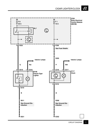 Page 204CIGAR LIGHTER/CLOCKJ2
1CIRCUIT DIAGRAM
30
F 8
30 A
RL7
5 C625
Z238
Body Electrical
Control Module
(BECM)30
F 1
10 A
7 C258
See Fuse Details
E252
S205
PG
S208
E621
S611
See Ground Dis-
tributionSee Ground Dis-
tributionB
B
1 C216
RW
1 C217Z117
Clock
Interior Lamps
2 C216
2 C6191 C618
B106
Fascia Cigar
Lighter
1 C619
RU
Interior Lamps 