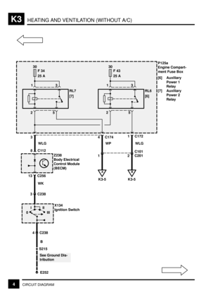 Page 208HEATING AND VENTILATION (WITHOUT A/C)K3
4CIRCUIT DIAGRAM
30
F 34
25 A
RL7
[7]
3 1
25
30
F 43
25 A
RL6
[6]
3 1
1 C172
WLG
2C201 C101
B
K3-5
4 C174
WP
1
A
K3-5
S215
E252
See Ground Dis-
tributionB 3 C238
4C238
0III
III
X134
Ignition SwitchP125a
Engine Compart-
ment Fuse Box
[6] Auxiliary
Power 1
Relay
[7] Auxiliary
Power 2
Relay
3
WLG
8C112
13 C256Z238
Body Electrical
Control Module
(BECM)
WK
25 