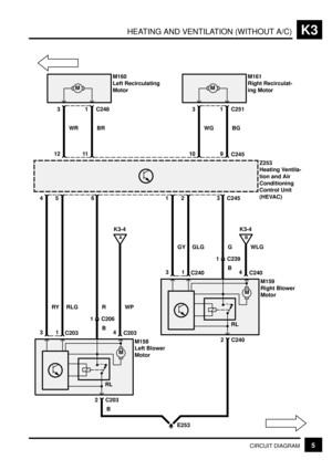 Page 209HEATING AND VENTILATION (WITHOUT A/C)K3
5CIRCUIT DIAGRAM
C2456
11
1 C2483
M
WR BR
C245
12
M160
Left Recirculating
Motor
9
1 C2513
M
WG BG
10
M161
Right Recirculat-
ing Motor
Z253
Heating Ventila-
tion and Air
Conditioning
Control Unit
(HEVAC)
M
M158
Left Blower
Motor C203
1
RLG
3
RYK3-4
4
A
R
45
E253 C203
2
BWP
C203
1 C206
B
M
M159
Right Blower
Motor C240
1
GLG
3
GYK3-4
4
B
G
C240
2WLG
C240
1 C239
B
312
RLRL 