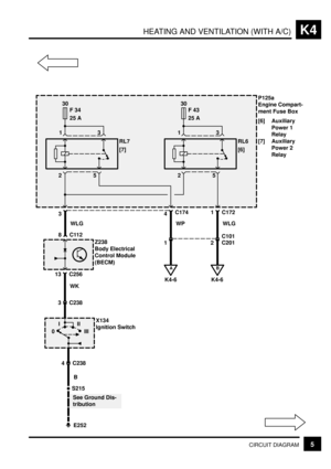 Page 215HEATING AND VENTILATION (WITH A/C)K4
5CIRCUIT DIAGRAM
30
F 34
25 A
RL7
[7]
3 1
25
30
F 43
25 A
RL6
[6]
3 1
1 C172
WLG
2C201 C101
B
K4-6
4C174
WP
1
A
K4-6
S215
E252
See Ground Dis-
tributionB 3 C238
4C238
0III
III
X134
Ignition SwitchP125a
Engine Compart-
ment Fuse Box
[6] Auxiliary
Power 1
Relay
[7] Auxiliary
Power 2
Relay
3
WLG
8C112
13 C256Z238
Body Electrical
Control Module
(BECM)
WK
25 