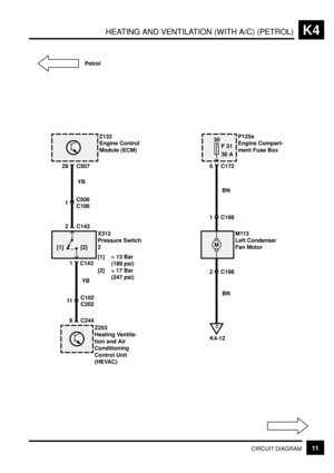 Page 221HEATING AND VENTILATION (WITH A/C) (PETROL)K4
11CIRCUIT DIAGRAM
29 C507
[2]
1
C106 C506YB
2 C143
[1]
1 C143
11
C202YBZ132
Engine Control
Module (ECM)
X312
Pressure Switch
2
[1] < 13 Bar
(189 psi)
[2] > 17 Bar
(247 psi)
Z253
Heating Ventila-
tion and Air
Conditioning
Control Unit
(HEVAC)
8 C244C102
30
F 31
30 A
6 C172
1 C198BNP125a
Engine Compart-
ment Fuse Box
M113
Left Condenser
Fan Motor
2 C198
C
K4-12BN
M Petrol 