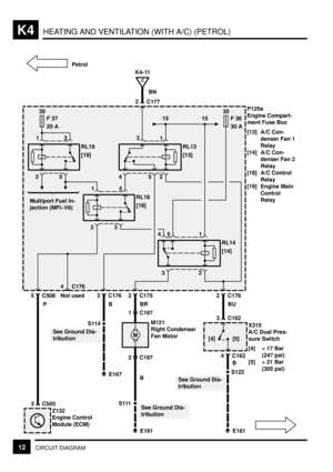 Page 222HEATING AND VENTILATION (WITH A/C) (PETROL)K4
12CIRCUIT DIAGRAM
P125a
Engine Compart-
ment Fuse Box
[13] A/C Con-
denser Fan 1
Relay
[14] A/C Con-
denser Fan 2
Relay
[18] A/C Control
Relay
[19] Engine Main
Control
Relay K4-1130
F 37
20 A
RL19
[19]
3 1
25
RL13
[13]
1 3
2
54
30
F 36
30 A
15 15
RL18
[18]
5 1
23
Multiport Fuel In-
jection (MFI±V8)
RL14
[14]
1 4
2
3
5
5 C508
2 C177
C
BN
3 C505P
Z132
Engine Control
Module (ECM)
4 C176
Not used3 C176
B
S114
E167
See Ground Dis-
tribution
2 C175
BR
M121
Right...