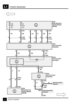 Page 228POWER WINDOWSL1
4CIRCUIT DIAGRAM
PO
8C362Z238
Body Electrical
Control Module
(BECM)
3
C755L
Z243
Left Front Door
Outstation
30
F 22
30 A30
F 9
20 A
12C351 C751L
8
C751L C351
Z243
Left Front Door
Outstation
OG
9
15
5
R
10
14
4
LG
1
13
3
PB
8C361
10
3
C752L C352
PU
7
6
2
16C755L84
SW SG YR
1
C764L35
M130
Left Front Win-
dow Motor
M
42
YU Y
1 C755L
11
10
6C764L
BO
Z238
Body Electrical
Control Module
(BECM)
3
C362
7
B9C755L
B
E367
See Ground Dis-
tribution S351
4
C352 C752L1
BSee Ground Dis-
tribution 