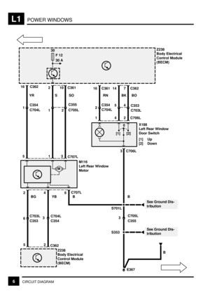 Page 230POWER WINDOWSL1
6CIRCUIT DIAGRAM
BO
7 C362Z238
Body Electrical
Control Module
(BECM)
30
F 12
30 A
3
C354 C704L
4
C703L C353
BK
14
5
RN
16
2
S
2
1C705L C355
YR
16
1
3
C707L15
M116
Left Rear Window
Motor
M
42
YB BG
5
6
6C707L
B
Z238
Body Electrical
Control Module
(BECM)
2
C362
E367 3
C355 C705L
See Ground Dis-
tribution
C36210 C361
SO
C704L C354
2
C353 C703L
0
[1] [2]
C361
C704L C354
2 C706L 4 1
X188
Left Rear Window
Door Switch
[1] Up
[2] Down
3 C706L
B
S701L
See Ground Dis-
tributionS353
B 