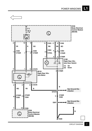 Page 231POWER WINDOWSL1
7CIRCUIT DIAGRAM
BO
8 C326Z238
Body Electrical
Control Module
(BECM)
30
F 2
30 A
3
C304 C704R
3
C703R C303
BK
17
5
RN
11
2
S
10
1 C705RC305
YR
8
1
3
C707R15
M124
Right Rear Win-
dow Motor
M
42
YB BG
5
6
6C707R
B
Z238
Body Electrical
Control Module
(BECM)
15
C326
E328 3
C305 C705R
See Ground Dis-
tribution
5
SO
C704R C304
2
C303 C703R
0
[1] [2]
C323
C704L C304
2 C706R 4 1
X189
Right Rear Win-
dow Door Switch
[1] Up
[2] Down
3 C706R
B
S701R
See Ground Dis-
tributionS307
B 