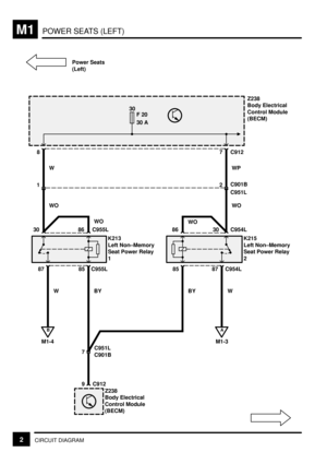 Page 237POWER SEATS (LEFT)M1
2CIRCUIT DIAGRAM
30
F 20
30 A
1
9 C912
B
M1-4
Z238
Body Electrical
Control Module
(BECM)
85 C955L
7
C901B C951L
87
WBYK213
Left Non±Memory
Seat Power Relay
1
86 C955L30
A
M1-3
85 C954L87
W BYK215
Left Non±Memory
Seat Power Relay
2
86 C954L30
WO
WO
2
C951L C901B
WO WO
87 C912
Z238
Body Electrical
Control Module
(BECM)
WWP Power Seats
(Left) 