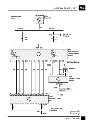 Page 246MEMORY SEATS (LEFT)M4
1CIRCUIT DIAGRAM C325 6
45
17
15 C114
30
F 15
20 A
Z106
Generator
Petrol
Diesel
3C506
25C571 S573
Z238
Body Electrical
Control Module
(BECM)
E909
10 C901A
S901
Z252
Left Seat Outsta-
tion
See Ground Dis-
tribution B
S302
See Fuse Details
P
9
B
2 C313
Z250
Alarm R.F. Aerial
Module
S301See Ground Dis-
tribution B
3
6 C912
30
F 20
30 A
WU
6
8
W
3
7
WP
4
BW
E322 C106 C12171
3 C907
LGW
12
7
RW
2
2
OW
4
PW
C901A
NY
Starting and
Charging
C326
OR
C313 1
Antenna
D+
30
F 15
20 A
Memory Seats...