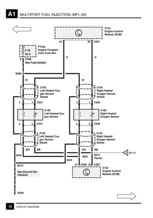 Page 26MULTIPORT FUEL INJECTION (MFI±V8)A1
10CIRCUIT DIAGRAM
15
F 26
20 A
S509
E529
S510
Z132
Engine Control
Module (ECM)
P125a
Engine Compart-
ment Fuse Box
8 C508
WOU 34 C50733
See Fuse Details
X139
Left Heated Oxy-
gen Sensor Z193
Left Heated Oxy-
gen Sensor
ShieldZ194
Right Heated
Oxygen Sensor
Shield
X160
Right Heated
Oxygen Sensor
Z193
Left Heated Oxy-
gen Sensor
ShieldZ194
Right Heated
Oxygen Sensor
Shield
Z132
Engine Control
Module (ECM)
RB
S514
SCRWO RBW
WO
SCRS507
PartialA1-11
E
21 C505 32 C507
See...