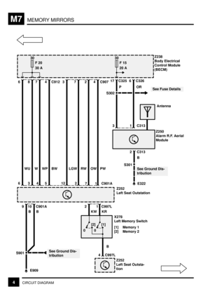 Page 264MEMORY MIRRORSM7
4CIRCUIT DIAGRAM
4 C907
4 C997LB
Z252
Left Seat Outsta-
tion
[2]
0[1]
0
12
4
PW
36125
KW
X278
Left Memory Switch
[1] Memory 1
[2] Memory 2Z252
Left Seat Outstation
B
9
E909B
10
S901See Ground Dis-
tribution C901A C997L
172OW RW LGW BW WP W WU
C901AZ238
Body Electrical
Control Module
(BECM)
30
F 20
30 A
4 C912
KR273786
30
F 15
20 A
176 C326C325
POR
S302
See Fuse Details
Z250
Alarm R.F. Aerial
Module
1 C3133
2 C313
E322 S301
See Ground Dis-
tributionAntenna
B 