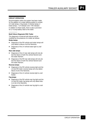 Page 268TRAILER AUXILIARY SOCKETP1
CIRCUIT OPERATION1
CIRCUIT OPERATION
Accommodation within the system has been made
for the addition of a trailer lighting system to consist
of 2 side lamps, 2 fog lamps, 2 reverse lamps, 2
brake lamps, 1 LH indicator and 1 RH indicator.
In addition to these loads, there is also a provision
for a 10 amp battery feed to the trailer.
Bulb Failure Diagnosis With Trailer
The diagnosis of external bulb failures will be
modified by the presence of a trailer as follows:
Brake lamps...