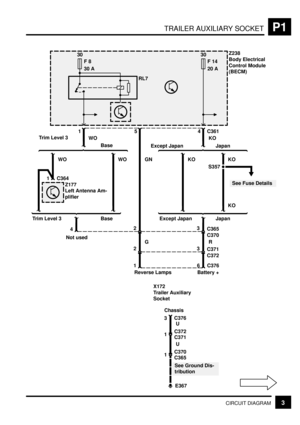 Page 270TRAILER AUXILIARY SOCKETP1
3CIRCUIT DIAGRAM
E367
See Ground Dis-
tributionS357
1
C365 C370U
1
C371 C372U
3C376 X172
Trailer Auxiliary
Socket
16 C376
3
C370 C36524
3
C372 C3712
GR
Z177
Left Antenna Am-
plifier
1 C364
WO WO GN KO KO
See Fuse Details
KO
4 C36151
30
F 8
30 A
RL7
30
F 14
20 AZ238
Body Electrical
Control Module
(BECM)
JapanExcept JapanKO WOBase Trim Level 3
Japan Except Japan Base Trim Level 3
Battery + Reverse Lamps
Chassis
Not used 