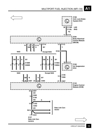 Page 29MULTIPORT FUEL INJECTION (MFI±V8)A1
13CIRCUIT DIAGRAM
Z108
Anti±Lock Brake
System ECU
28 C116R
Z238
Body Electrical
Control Module
(BECM)
YG
C116LLHD
RHD
Z132
Engine Control
Module (ECM)
GB
Z165
Air Suspension
ECU
30 C117
S214
9C506KR
7 C231
11 C114
S104
13C106
C506 13 C112
27
23 C507
C106
KR
X127
Data Link Con-
nectors
15 C102
C202
Data Link Con-
nector KRK
BBY
7 C50726C505 22 23S NAS Except NAS
BY
BY
5C114
4C106B
S
2
B
1
GB
3C506B
BY
4C106A
S
2
BGB
3C506A1
GB
16
B
5
S
9C112
NAS
Except NAS
C507Y 
