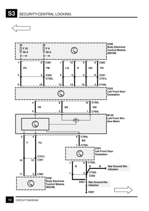 Page 298SECURITY/CENTRAL LOCKINGS3
12CIRCUIT DIAGRAM
PO
8 C362Z238
Body Electrical
Control Module
(BECM)
3
C755L
Z243
Left Front Door
Outstation
30
F 22
30 A30
F 9
20 A
12C351 C751L
8
C751L C351
Z243
Left Front Door
Outstation
OG
9
15
5
R
10
14
4
LG
1
13
3
PB
8 C361
10
3
C752L C352
PU
7
6
2
16C755L84
SW SG YR
1
C764L35
M130
Left Front Win-
dow Motor
M
42
YU Y
1 C755L
11
10
6 C764L
BO
Z238
Body Electrical
Control Module
(BECM)
3 C362
7
B9C755L
B
E367
See Ground Dis-
tribution S351
4
C352 C752L1
BSee Ground Dis-...