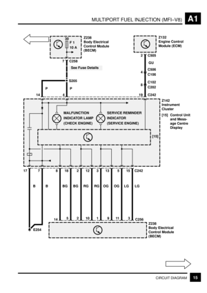 Page 31MULTIPORT FUEL INJECTION (MFI±V8)A1
15CIRCUIT DIAGRAM
30
F 1
10 AZ238
Body Electrical
Control Module
(BECM)
See Fuse Details
2 C505
7 C258Z132
Engine Control
Module (ECM)
S205
4C506GUC106
8C102
C202
19 C242
414
Z142
Instrument
Cluster
[15] Control Unit
and Mess-
age Centre
Display
15 C24251331221887
LG
3
C256
LG
11
OG
9
OG
1
RG
10
RG
2
BG
5
BG
14
B
E254
Z238
Body Electrical
Control Module
(BECM)[15]
P P
17
BMALFUNCTION
INDICATOR LAMP
(CHECK ENGINE)SERVICE REMINDER
INDICATOR
(SERVICE ENGINE) 