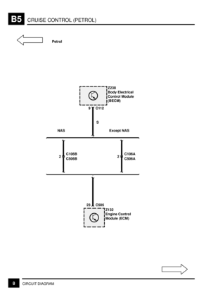 Page 63CRUISE CONTROL (PETROL)B5
8CIRCUIT DIAGRAM
2
C506B
9C112
S
C106B
2
C506A C106A
23 C505
NAS Except NASZ238
Body Electrical
Control Module
(BECM)
Z132
Engine Control
Module (ECM) Petrol 