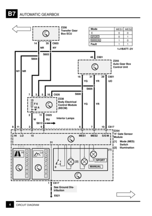 Page 88AUTOMATIC GEARBOXB7
4CIRCUIT DIAGRAM
7
8
Z256
Transfer Gear
Box ECU
S604
S603
35 C60314
NY NR
Z238
Body Electrical
Control Module
(BECM)
S612
11 C6252
RU W
15
F 6
10 A
Z255
Auto Gear Box
Control Unit
29 C60131
UO YR
316 C626 5
Z254
H Gate Sensor
Module
[1] Mode (MES)
Switch
[2] Illumination
1 C617
HiLo
1129710 C617
16
6
46 C601
S606
S605
[2]
[1]
MANUAL
SPORT
P
R
N
D
3
2
1
P
R
N
4
3
2
1
01
See Ground Dis-
tribution
E621 HI LO 15
31MES1 MES2 S/E/M NY NR
YG
Interior Lamps
E00
SPORT01
MANUAL10
11
MES1 MES2...