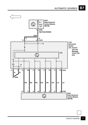 Page 91AUTOMATIC GEARBOXB7
7CIRCUIT DIAGRAM
Z238
Body Electrical
Control Module
(BECM)
S205
30
F 1
10 A
4 C242 14
Z142
Instrument
Cluster
[15] Control
Unit and
Message
Centre Dis-
play
[15]
818
145
212
210
313
19
515
11
17 7
Z238
Body Electrical
Control Module
(BECM)
E254
7 C258
C242
C256 3
BG BG RG RG OG OG LG LG BBP P
See Fuse Details 