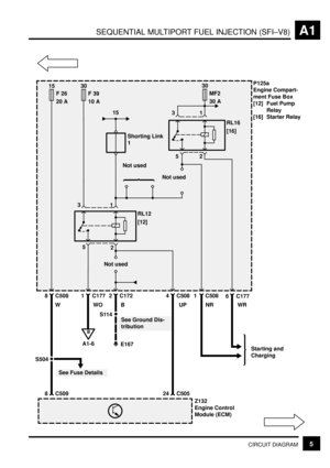 Page 24SEQUENTIAL MULTIPORT FUEL INJECTION (SFI±V8)A1
5CIRCUIT DIAGRAM
Shorting Link
1
30
F 39
10 A
B
A1-6
15
30
MF2
30 AP125a
Engine Compart-
ment Fuse Box
[12] Fuel Pump
Relay
[16] Starter Relay
Starting and
Charging
Z132
Engine Control
Module (ECM)
Not used
See Ground Dis-
tribution Not used
RL16
[16]
RL12
[12]
E167 31
5
2
1 C177 2 C17231
WO52
4 C508 1 C508
6 C177
UP NR WR
24 C505
B
S114
Not used
8 C509
8 C508
W
15
F 26
20 A
S504
See Fuse Details 