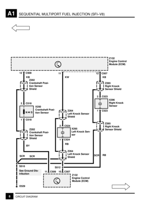 Page 27SEQUENTIAL MULTIPORT FUEL INJECTION (SFI±V8)A1
8CIRCUIT DIAGRAM
Z132
Engine Control
Module (ECM)
NS
X250
Crankshaft Posi-
tion Sensor Z202
Crankshaft Posi-
tion Sensor
Shield
KB 12 C509
S510
E529
See Ground Dis-
tribution
X295
Left Knock Sen-
sor 2 C524
1 C524
KW
RBZ264
Left Knock Sensor
Shield
Z264
Left Knock Sensor
Shield
12 C507
X296
Right Knock
Sensor 2 C523
1 C523
RBZ265
Right Knock
Sensor Shield
Z265
Right Knock
Sensor Shield
11
SCR BY
SCR
SCR
11 C509
S512
10 C507
Z132
Engine Control
Module...