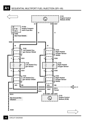 Page 29SEQUENTIAL MULTIPORT FUEL INJECTION (SFI±V8)A1
10CIRCUIT DIAGRAM
15
F 26
20 A
S509
E529
S510
Z132
Engine Control
Module (ECM)
P125a
Engine Compart-
ment Fuse Box
8 C508
WOU 34 C50733
See Fuse Details
X139
Left Heated Oxy-
gen Sensor Z193
Left Heated Oxy-
gen Sensor ShieldZ194
Right Heated
Oxygen Sensor
Shield
X160
Right Heated
Oxygen Sensor
Z193
Left Heated Oxy-
gen Sensor ShieldZ194
Right Heated
Oxygen Sensor
Shield
Z132
Engine Control
Module (ECM)
RB
S514
SCRWO RBW
WO
SCRS507
PartialA1-11
E
21 C505 32...