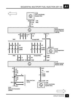 Page 32SEQUENTIAL MULTIPORT FUEL INJECTION (SFI±V8)A1
13CIRCUIT DIAGRAM
Z108
Anti±Lock Brake
System ECU
28 C116R
Z238
Body Electrical
Control Module
(BECM)
YG
C116LLHD
RHD
Z132
Engine Control
Module (ECM)
GB
Z165
Air Suspension
ECU
30 C117
S214
9C506KR
7 C231
11 C114
S104
13C106
C506 13 C112
27
23
C106
KR
X318
Data Link Connector
(OBDII)
15 C102
C202
Data Link Con-
nector KRK
BBY
7 C50726C505 22 23S NAS Except NAS
BY
BY
5C114
4C106B
S
2
B
1
GB
3C506B
BY
4C106A
S
2
BGB
3C506A1
GB
16
B
5
S
9C112
NAS
Except NAS...
