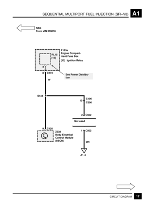 Page 36SEQUENTIAL MULTIPORT FUEL INJECTION (SFI±V8)A1
17CIRCUIT DIAGRAM
P125a
Engine Compart-
ment Fuse Box
[15] Ignition Relay
8 C173
Z238
Body Electrical
Control Module
(BECM)
W
2 C502
9 C120
S134
1 C502
Not used
UR NAS
From VIN 370859
10C106
C506
F
A1-4
RL15
[15]
See Power Distribu-
tion 2 