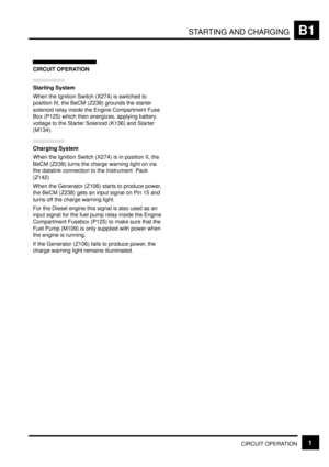 Page 53STARTING AND CHARGINGB1
CIRCUIT OPERATION1
CIRCUIT OPERATION
Starting System
When the Ignition Switch (X274) is switched to
position III, the BeCM (Z238) grounds the starter
solenoid relay inside the Engine Compartment Fuse
Box (P125) which then energizes, applying battery
voltage to the Starter Solenoid (K136) and Starter
(M134).
Charging System
When the Ignition Switch (X274) is in position II, the
BeCM (Z238) turns the charge warning light on via
the datalink connection to the Instrument  Pack
(Z142)...