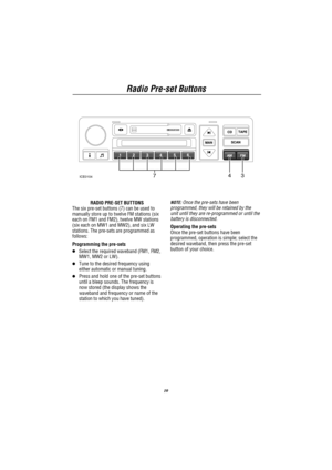 Page 12Radio Pre-set Buttons
10
743ICE0104
RADIO PRE-SET BUTTONS
The six pre-set buttons (7) can be used to
manually store up to twelve FM stations (six
each on FM1 and FM2), twelve MW stations
(six each on MW1 and MW2), and six LW
stations. The pre-sets are programmed as
follows:
Programming the pre-sets
Select the required waveband (FM1, FM2,
MW1, MW2 or LW).
Tune to the desired frequency using
either automatic or manual tuning.
Press and hold one of the pre-set buttons
until a bleep sounds. The frequency...