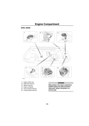 Page 176Engine Compartment
175
E ngine  Co mpartme ntDIESEL ENGINE
1.Engine oil filler cap.
2.Brake fluid reservoir.
3.Washer reservoir.
4.Engine oil dipstick.
5.Power steering reservoir. 
6.Cooling system reservoir.WARNING
While working in the engine compartment, 
ALWAYS observe the safety precautions 
listed under Safety in the garage on a 
previous page.
H3964
123
456 