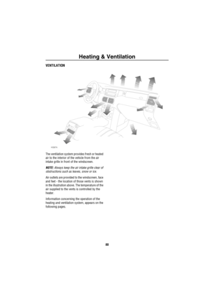 Page 81Heating & Ventilation
80
Heating &  VentilationVENTILATION
The ventilation system provides fresh or heated 
air to the interior of the vehicle from the air 
intake grille in front of the windscreen. 
NOTE: Always keep the air intake grille clear of 
obstructions such as leaves, snow or ice.
Air outlets are provided to the windscreen, face 
and feet - the location of those vents is shown 
in the illustration above. The temperature of the 
air supplied to the vents is controlled by the 
heater.
Information...