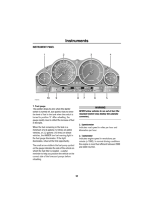 Page 53Instruments
52
InstrumentsINSTRUMENT PANEL
1. Fuel gauge
The pointer drops to zero when the starter 
switch is turned off, but quickly rises to show 
the level of fuel in the tank when the switch is 
turned to position ‘II’. After refuelling, the 
gauge rapidly rises to reflect the increase of fuel 
in the tank.
When the fuel remaining in the tank is a 
minimum of 2.6 gallons (12 litres) on petrol 
vehicles, or 2.2 gallons (10 litres) on diesel 
vehicles, the AMBER low fuel warning light in 
the fuel...