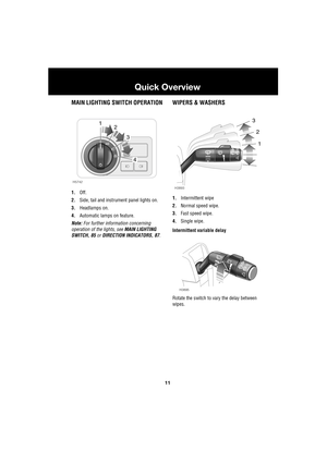 Page 1111
Quick Overview
R
MAIN LIGHTING SWITCH OPERATION
1.Off.
2.Side, tail and instrument panel lights on.
3.Headlamps on.
4.Automatic lamps on feature.
Note: For further information concerning 
operation of the lights, see MAIN LIGHTING 
SWITCH, 85 or DIRECTION INDICATORS, 87.
WIPERS & WASHERS
1.Intermittent wipe
2.Normal speed wipe.
3.Fast speed wipe.
4.Single wipe.
Intermittent variable delay
Rotate the switch to vary the delay between 
wipes.
12
3
4A
H5742
H3893
1
2
3
H3895 