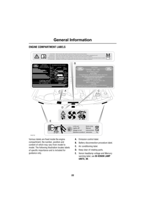 Page 22General Information
22
L
ENGINE COMPARTMENT LABELS
Various labels are fixed inside the engine 
compartment, the number, position and 
content of which may vary from model to 
model. The following illustration locates labels 
of specific importance and is included for 
guidance only.A.Emission control label.
B.Battery disconnection procedure label.
C.Air conditioning label.
D.Keep clear of rotating parts.
E.Xenon headlamp voltage and Mercury 
warning label, see BI-XENON LAMP 
UNITS, 89.
25   000 Y
Lichts...